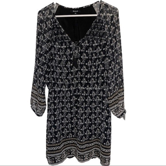 Madewell Woodland Dress in Artisan Floral. Black, Tan White. Sheer lined. - Picture 1 of 8